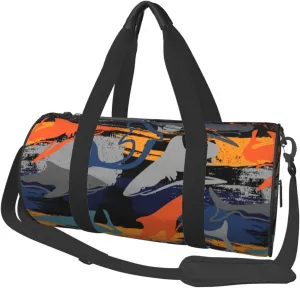 Grunge orange gray sharks texture graffiti Round Travel Duffel Bag Large Capacity Gym Sports Bags for Hiking Vacation Trips