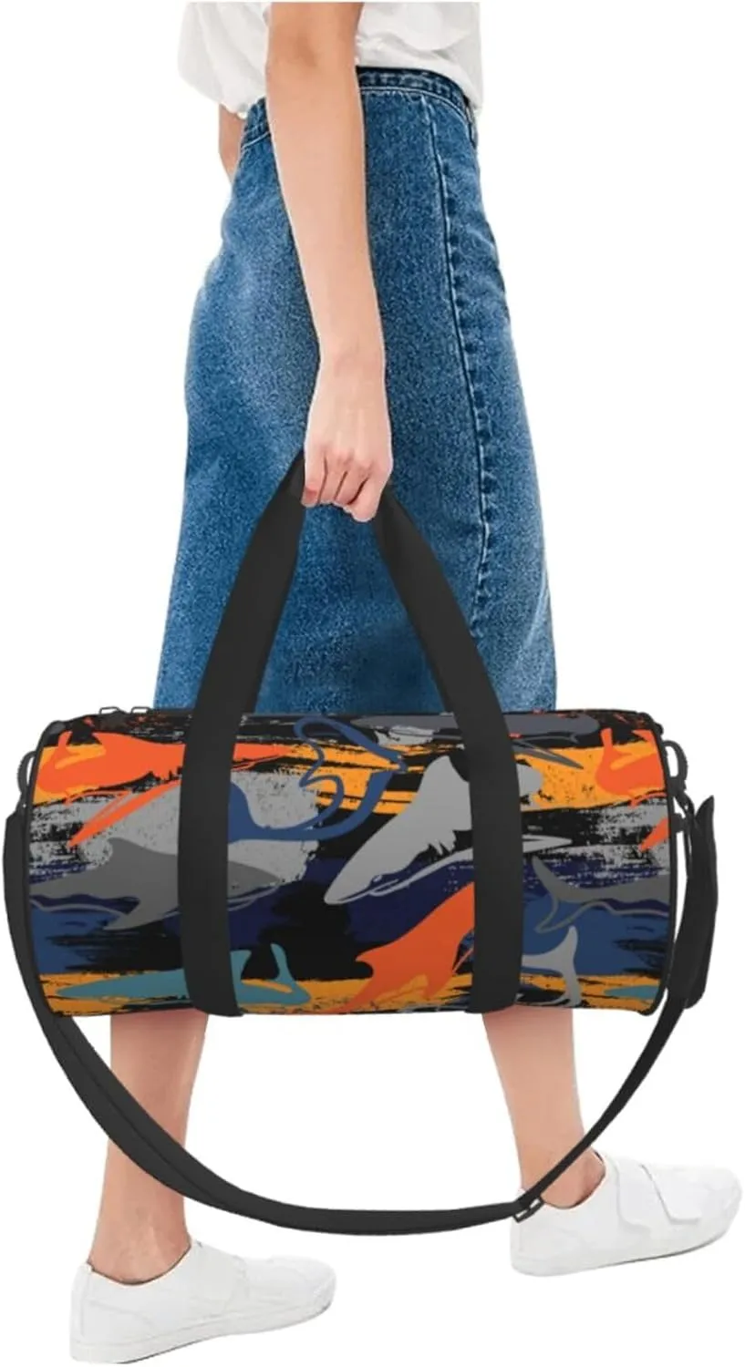Grunge orange gray sharks texture graffiti Round Travel Duffel Bag Large Capacity Gym Sports Bags for Hiking Vacation Trips