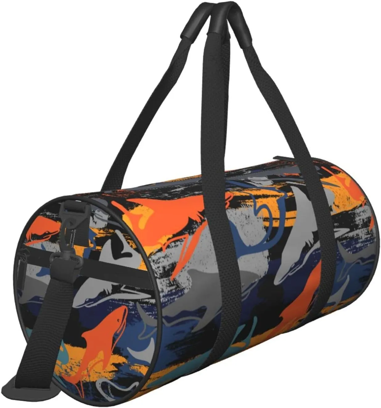Grunge orange gray sharks texture graffiti Round Travel Duffel Bag Large Capacity Gym Sports Bags for Hiking Vacation Trips