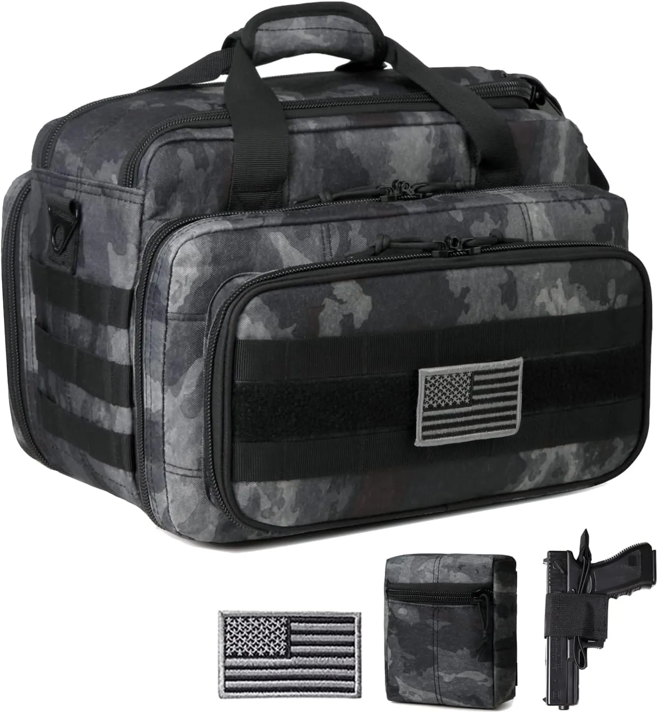 Gun Case Bag Deluxe Medium Size | Tactical 2~4 Pistol Bag Firearm Shooting Case with Lockable Zipper for Shooting Range Outdoor Hunting | US Flag Patch   MOLLE Pouch   Universal Holster Included