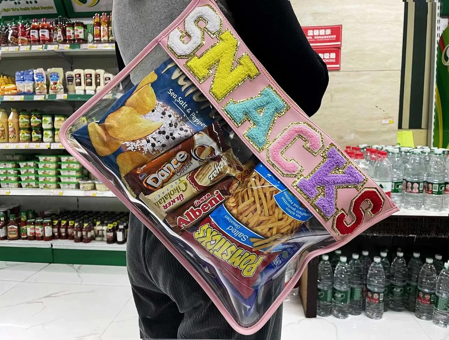 HAIBOLAN Monogram Clear Stadium Purse Bag Chenille Letter Travel Patch Pouch Snack Makeup Wristlet