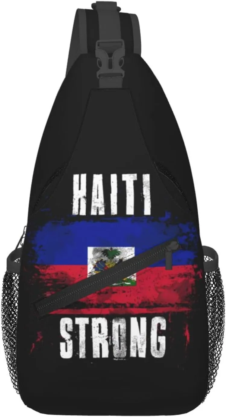 Haiti Strong Graffiti Flag Crossbody Bag Cross Chest Bag Adjustable Sling Backpack Sports Gym Shoulder Bags Travel Cycling Daypack Diagonally Casual Rucksack