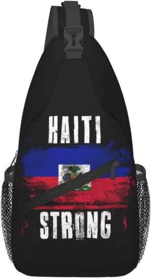 Haiti Strong Graffiti Flag Crossbody Bag Cross Chest Bag Adjustable Sling Backpack Sports Gym Shoulder Bags Travel Cycling Daypack Diagonally Casual Rucksack