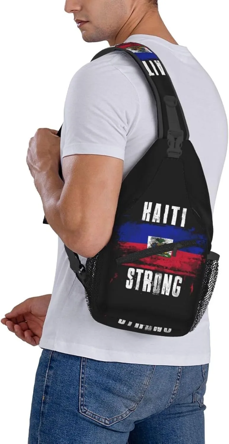 Haiti Strong Graffiti Flag Crossbody Bag Cross Chest Bag Adjustable Sling Backpack Sports Gym Shoulder Bags Travel Cycling Daypack Diagonally Casual Rucksack