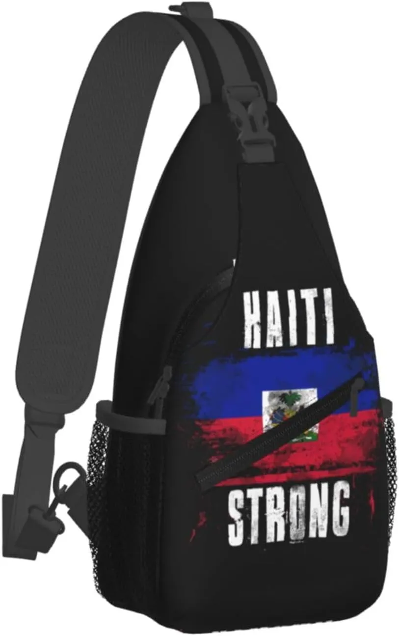 Haiti Strong Graffiti Flag Crossbody Bag Cross Chest Bag Adjustable Sling Backpack Sports Gym Shoulder Bags Travel Cycling Daypack Diagonally Casual Rucksack
