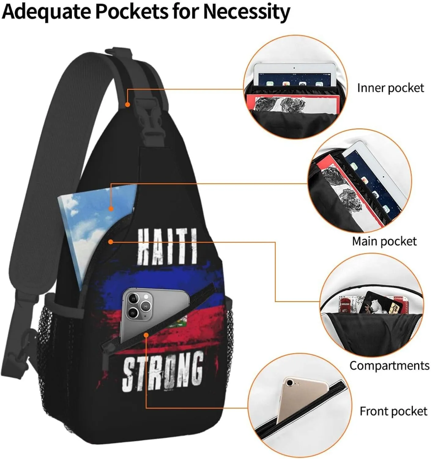 Haiti Strong Graffiti Flag Crossbody Bag Cross Chest Bag Adjustable Sling Backpack Sports Gym Shoulder Bags Travel Cycling Daypack Diagonally Casual Rucksack