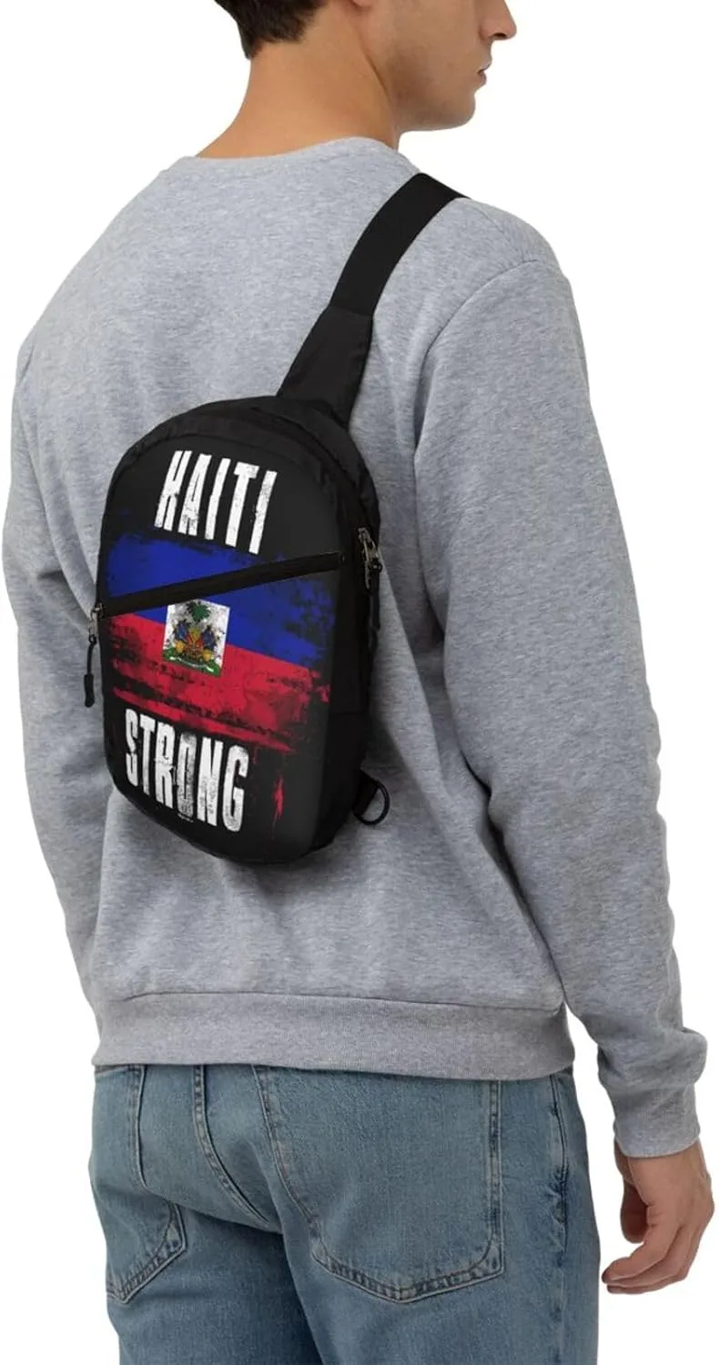 Haiti Strong Graffiti Flag Packable Crossbody Bag Portable Sling Bags Foldable Travel Daypack Reusable Sports Shoulder Backpack Diagonally Chest Bag for Workout