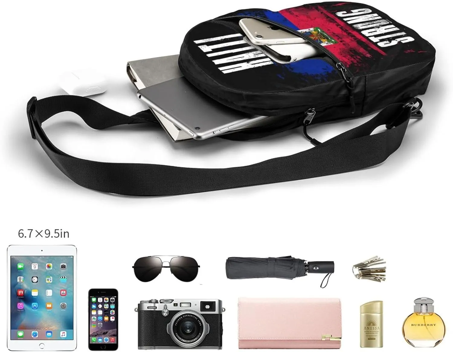 Haiti Strong Graffiti Flag Packable Crossbody Bag Portable Sling Bags Foldable Travel Daypack Reusable Sports Shoulder Backpack Diagonally Chest Bag for Workout