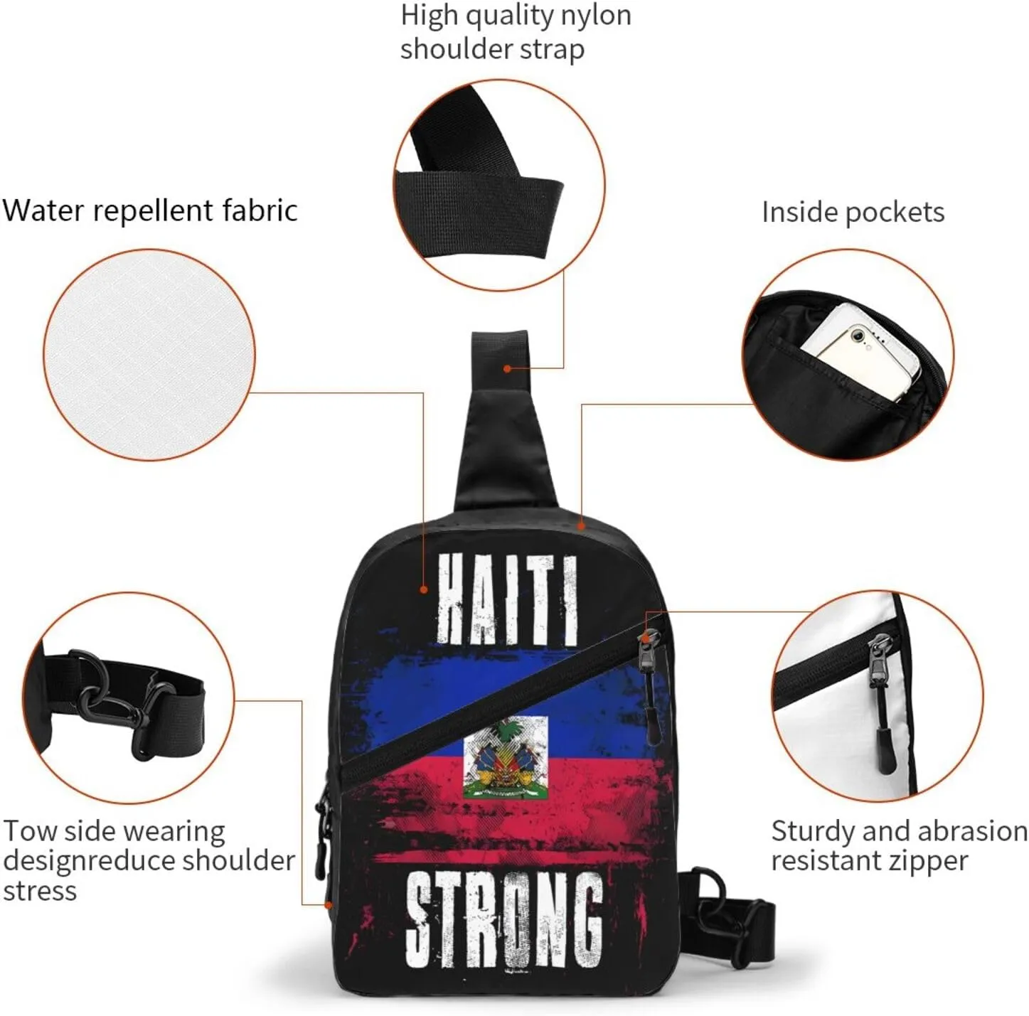 Haiti Strong Graffiti Flag Packable Crossbody Bag Portable Sling Bags Foldable Travel Daypack Reusable Sports Shoulder Backpack Diagonally Chest Bag for Workout