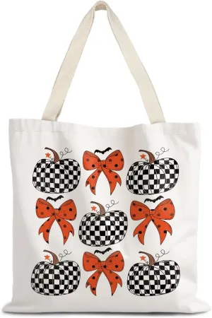 Halloween Tote Bag,Coquette Bow Fall Pumpkin Halloween Goth Tote Bags for Women,Reusable Grocery Bags