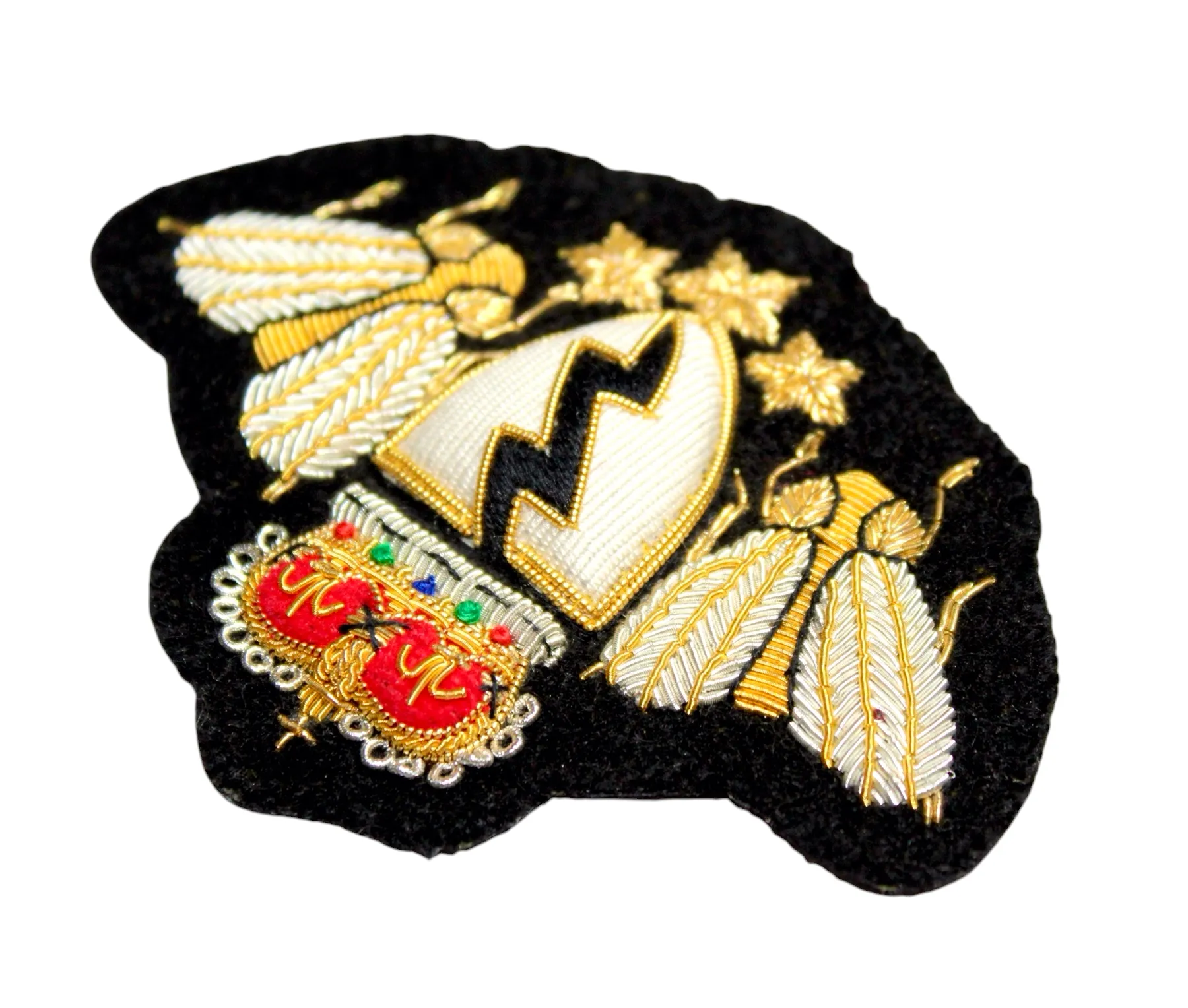 Hand-Embroidered Double Bee Crest Patch – Gold &amp; Silver Bullion Wire Badge