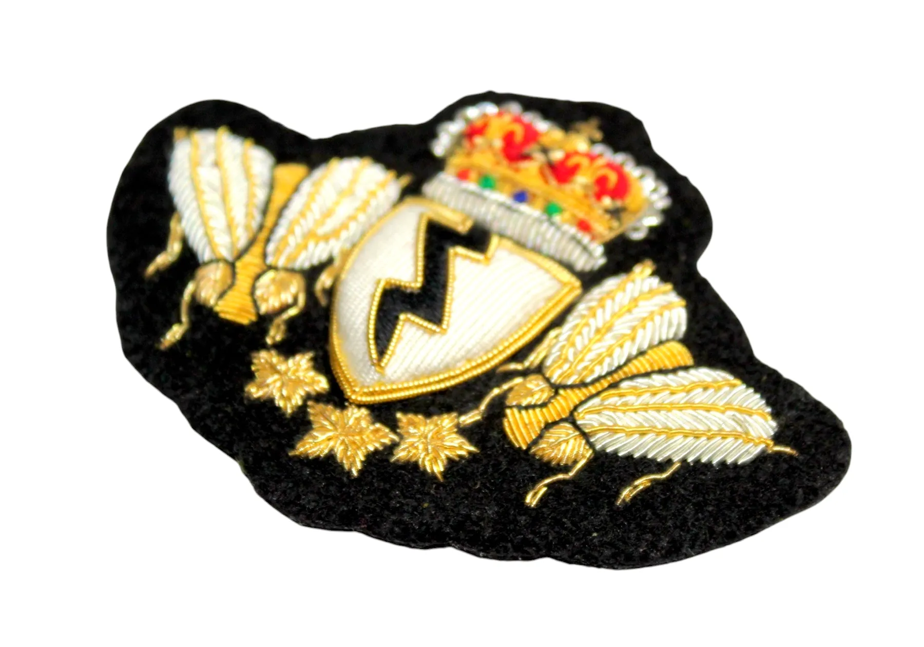 Hand-Embroidered Double Bee Crest Patch – Gold &amp; Silver Bullion Wire Badge