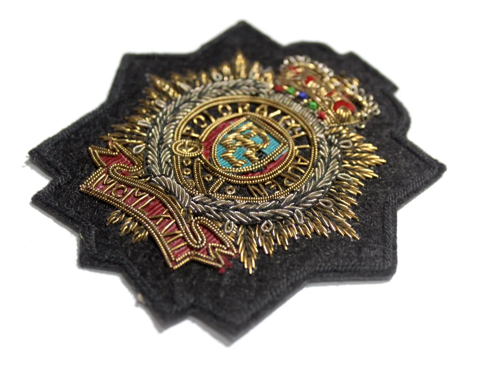 Hand-Embroidered Fashion Crest Patch – Antique Gold Bullion Wire Badge