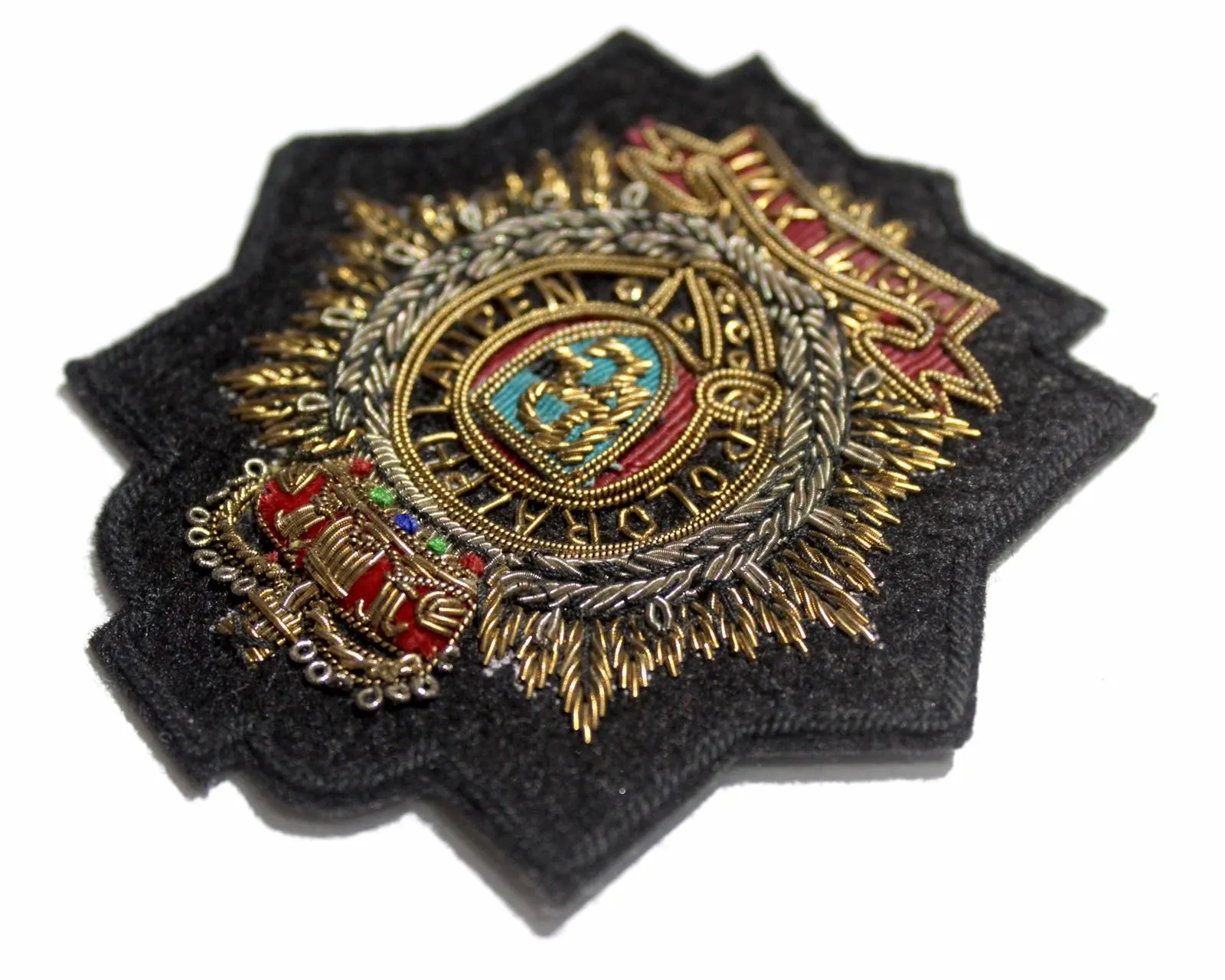 Hand-Embroidered Fashion Crest Patch – Antique Gold Bullion Wire Badge