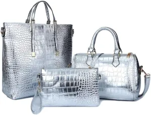 Handbag for Women Leather Shoulder Crocodile Print Top-handle Work Crossbody Purse Shopper Satchel 3Pcs Set