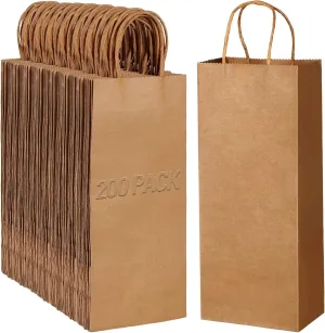 Handepo Paper Wine Bags Kraft Brown with Convenient Handles 13 x 5.3 x 3.3 Inch Gift Tote Shopping Bags for Small Business Brown Wine Gift Wrap(200 Pieces)