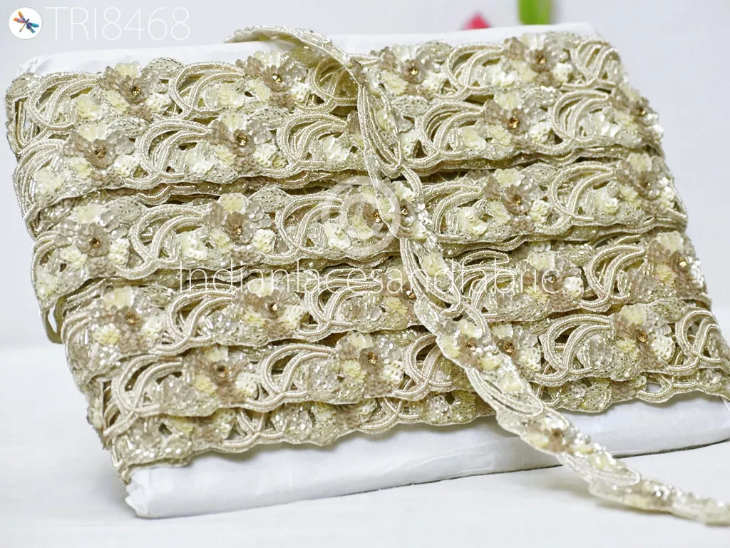 Handmade Sequin Zardozi Trim By 3 Yard | Wedding Dresses Costumes, Indian Floral Sari Border, DIY Crafting Saree Ribbon, Zari Laces Trimming