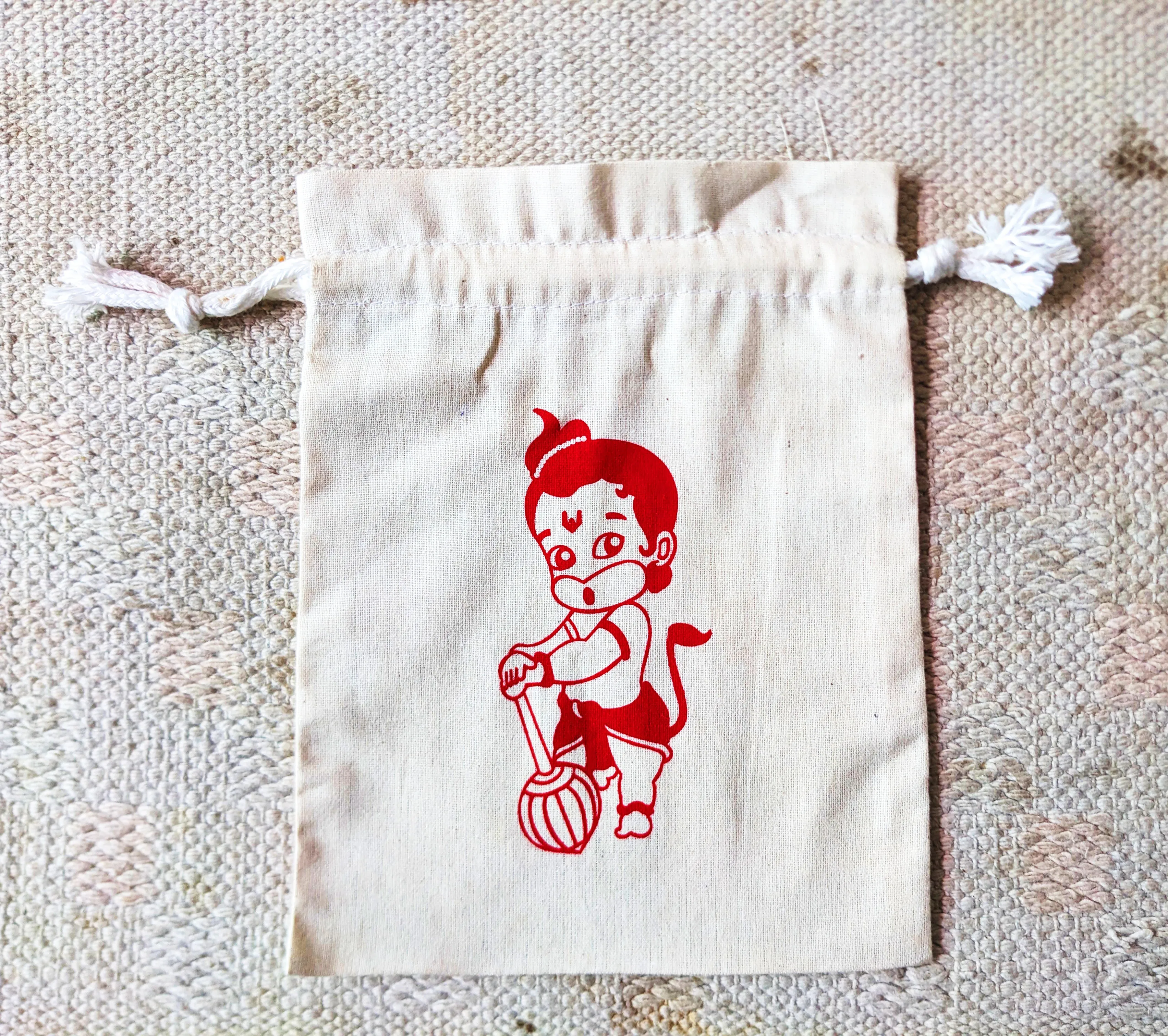 Handmakers Red Hanuman Print Canvas Potli Bags 7*9 inch