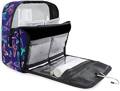 Hanging Toiletry Bag Rainbow Butterflies on Blue Makeup Travel bag for Toiletries Portable Toiletry Organizer Bags Clear Toiletry Cosmetic Kit