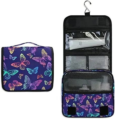 Hanging Toiletry Bag Rainbow Butterflies on Blue Makeup Travel bag for Toiletries Portable Toiletry Organizer Bags Clear Toiletry Cosmetic Kit