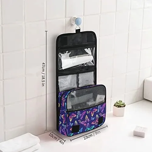 Hanging Toiletry Bag Rainbow Butterflies on Blue Makeup Travel bag for Toiletries Portable Toiletry Organizer Bags Clear Toiletry Cosmetic Kit