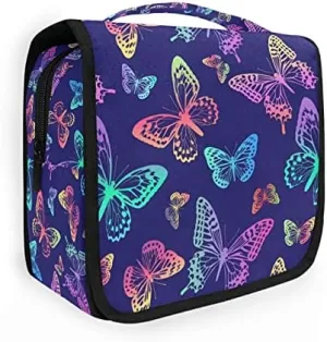 Hanging Toiletry Bag Rainbow Butterflies on Blue Makeup Travel bag for Toiletries Portable Toiletry Organizer Bags Clear Toiletry Cosmetic Kit
