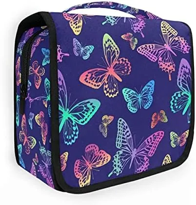 Hanging Toiletry Bag Rainbow Butterflies on Blue Makeup Travel bag for Toiletries Portable Toiletry Organizer Bags Clear Toiletry Cosmetic Kit