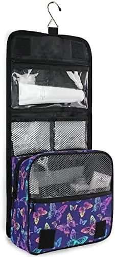 Hanging Toiletry Bag Rainbow Butterflies on Blue Makeup Travel bag for Toiletries Portable Toiletry Organizer Bags Clear Toiletry Cosmetic Kit