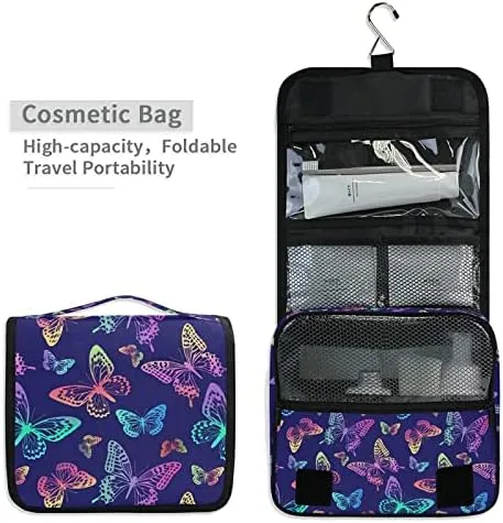 Hanging Toiletry Bag Rainbow Butterflies on Blue Makeup Travel bag for Toiletries Portable Toiletry Organizer Bags Clear Toiletry Cosmetic Kit
