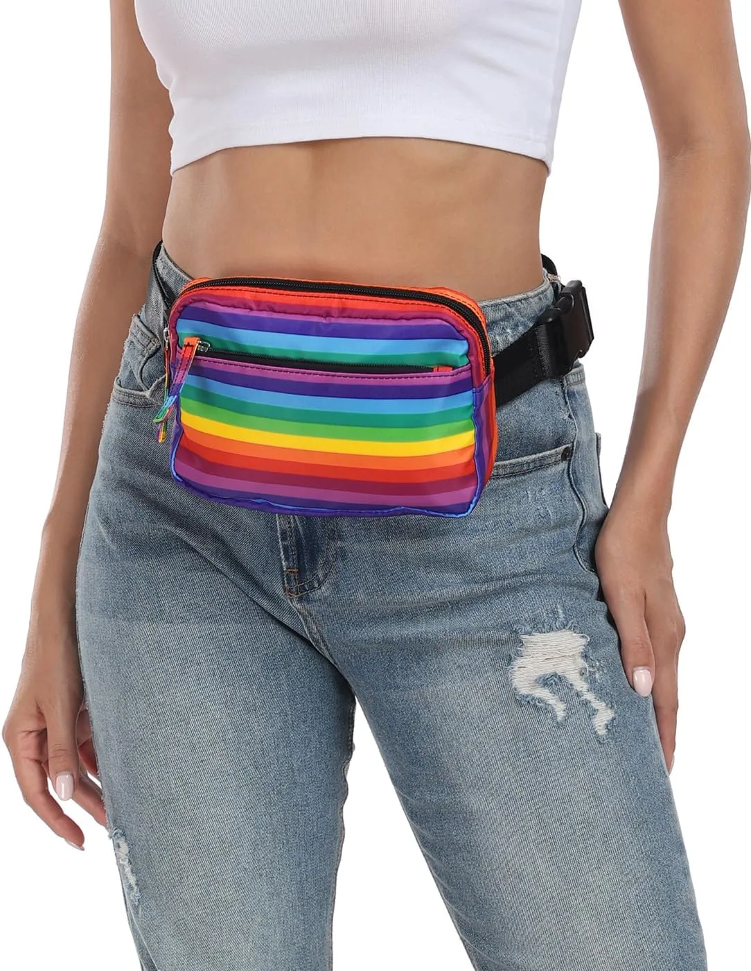 HDE Belt Bag 2L Fanny Pack Cross Body with Adjustable Strap Travel Waist Pack - Rainbow Stripe