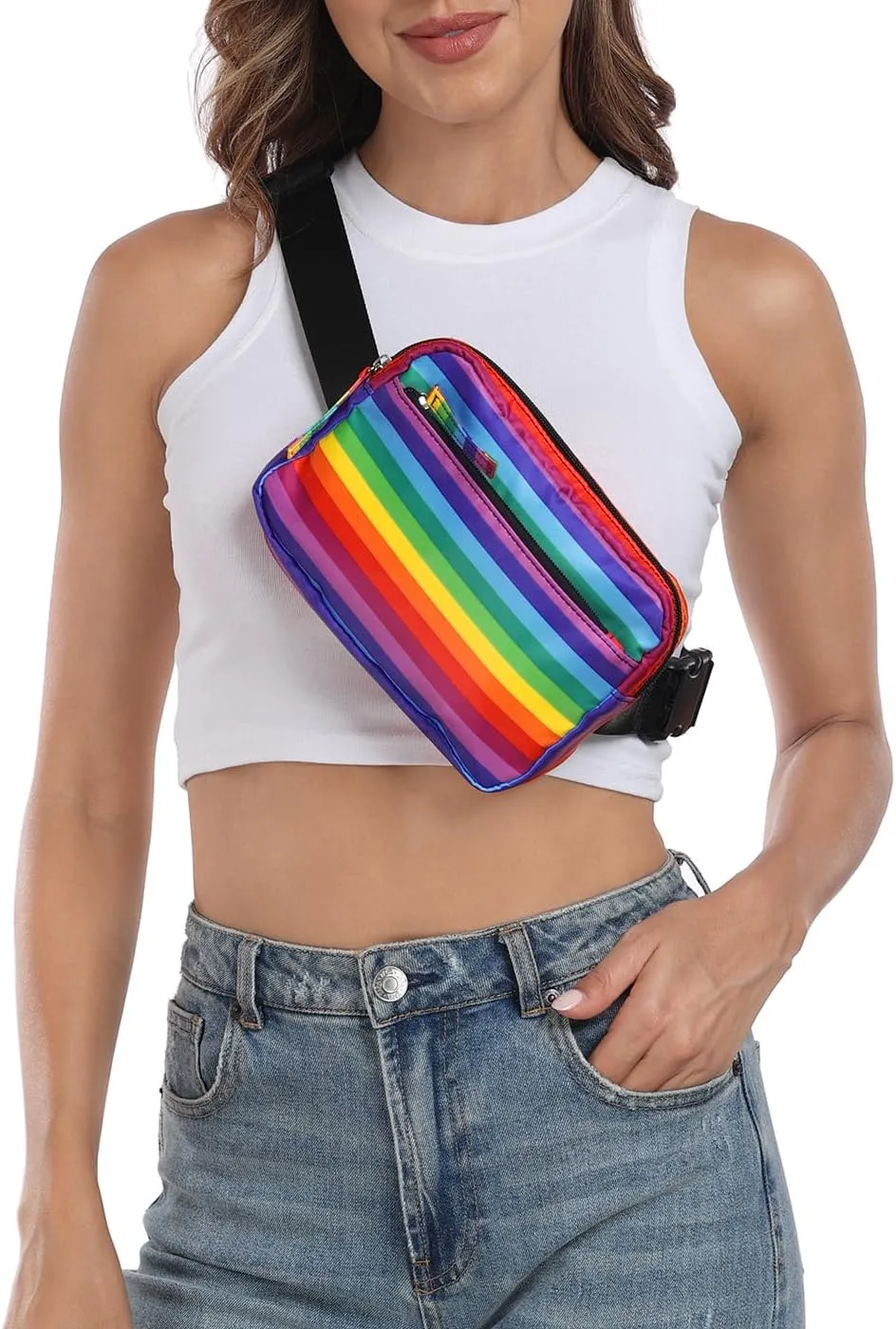 HDE Belt Bag 2L Fanny Pack Cross Body with Adjustable Strap Travel Waist Pack - Rainbow Stripe