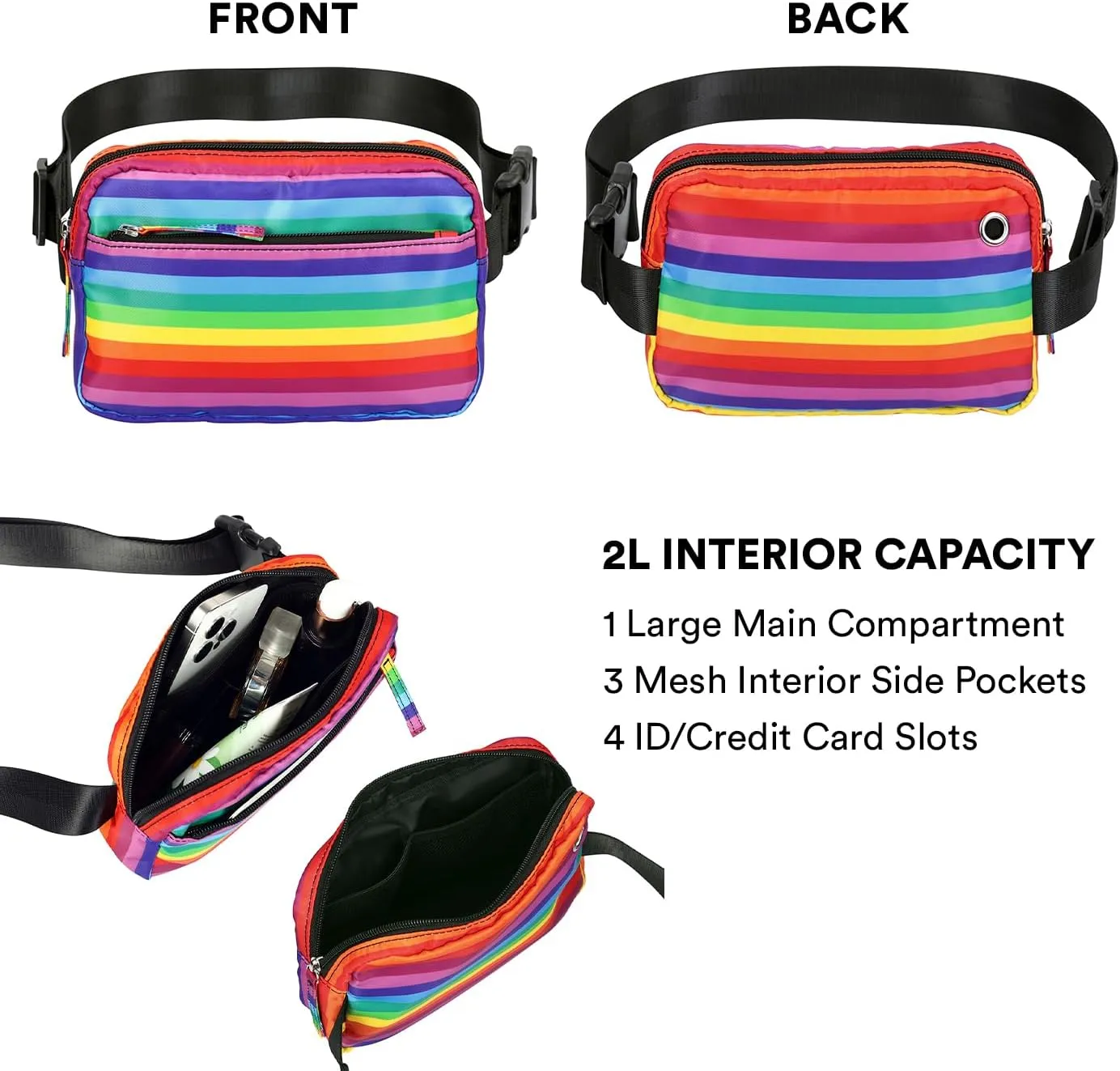 HDE Belt Bag 2L Fanny Pack Cross Body with Adjustable Strap Travel Waist Pack - Rainbow Stripe