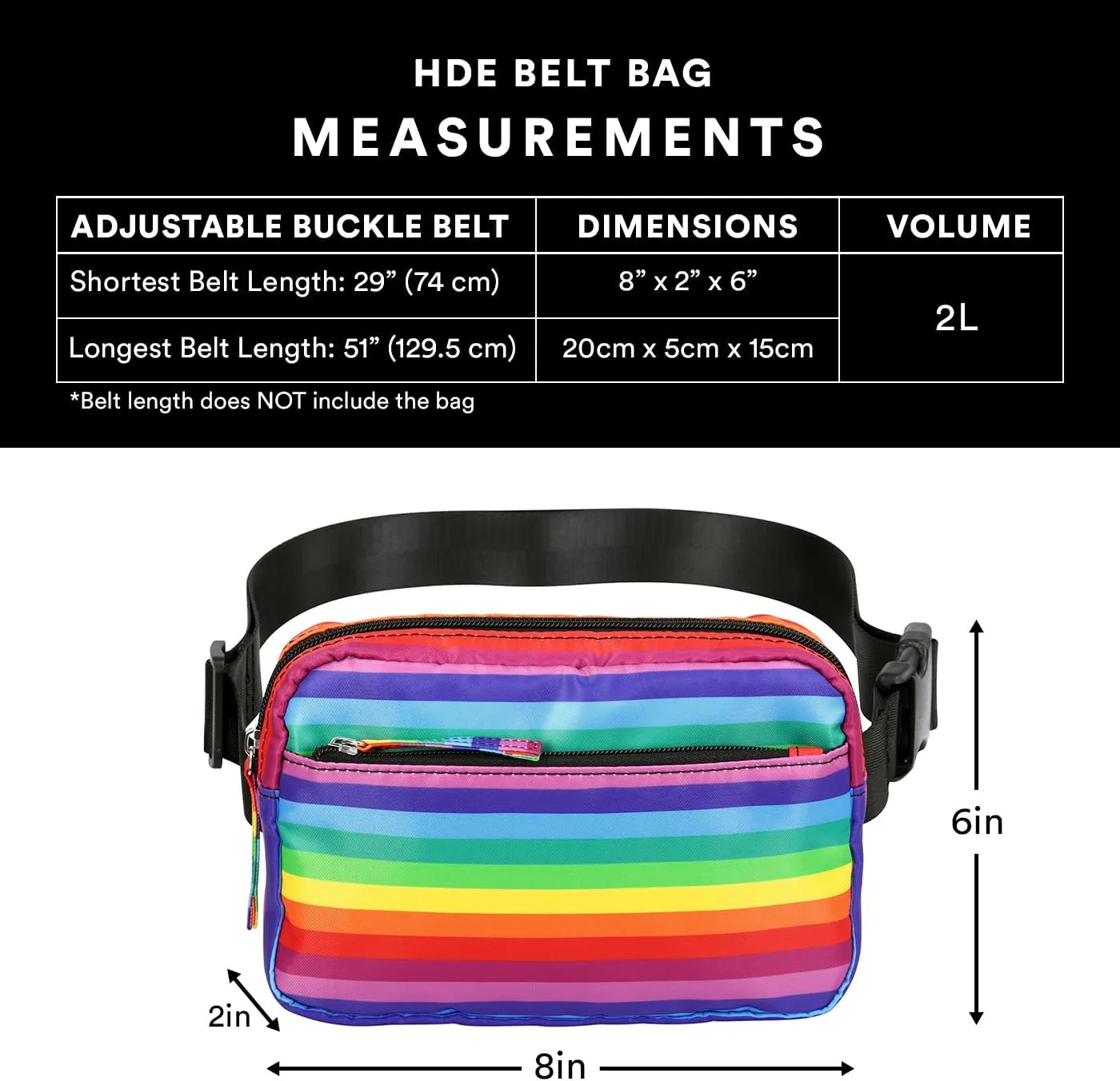 HDE Belt Bag 2L Fanny Pack Cross Body with Adjustable Strap Travel Waist Pack - Rainbow Stripe