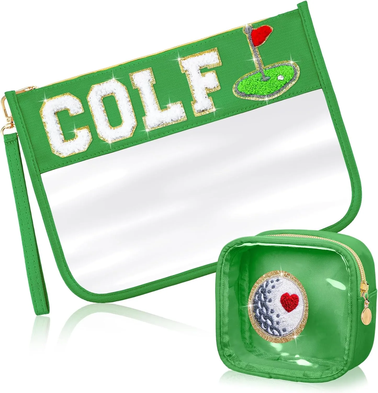 Hillban 2 Pcs Golf Gifts for Women Makeup Cosmetic Bag Chenille Letter Pouch Clear Toiletry Zipper Pouch Golf Accessories Travel Purse Preppy Patch Flat PVC Waterproof Organizer Storage Bag for Girls