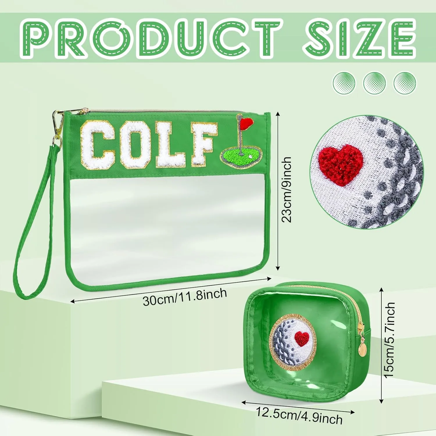 Hillban 2 Pcs Golf Gifts for Women Makeup Cosmetic Bag Chenille Letter Pouch Clear Toiletry Zipper Pouch Golf Accessories Travel Purse Preppy Patch Flat PVC Waterproof Organizer Storage Bag for Girls