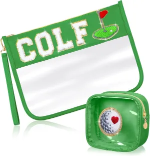 Hillban 2 Pcs Golf Gifts for Women Makeup Cosmetic Bag Chenille Letter Pouch Clear Toiletry Zipper Pouch Golf Accessories Travel Purse Preppy Patch Flat PVC Waterproof Organizer Storage Bag for Girls