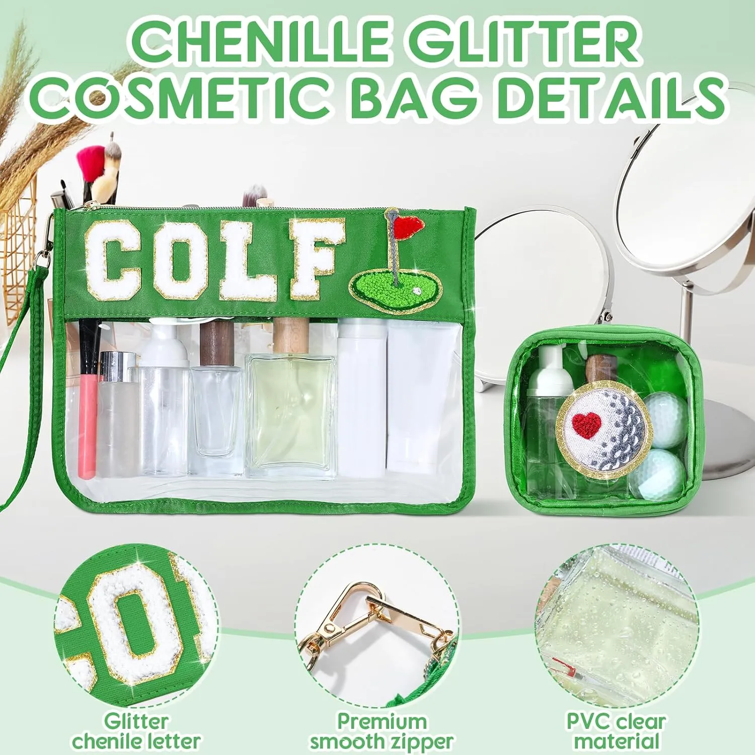 Hillban 2 Pcs Golf Gifts for Women Makeup Cosmetic Bag Chenille Letter Pouch Clear Toiletry Zipper Pouch Golf Accessories Travel Purse Preppy Patch Flat PVC Waterproof Organizer Storage Bag for Girls