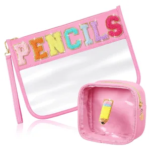 Hillban 2 Pcs Pencil Case Teacher Pencil Pouch Graduation Gift Chenille Letter Makeup Cosmetic Bag Clear Toiletry Purse Waterproof Travel Stuff for Back to School Teacher(Pink)