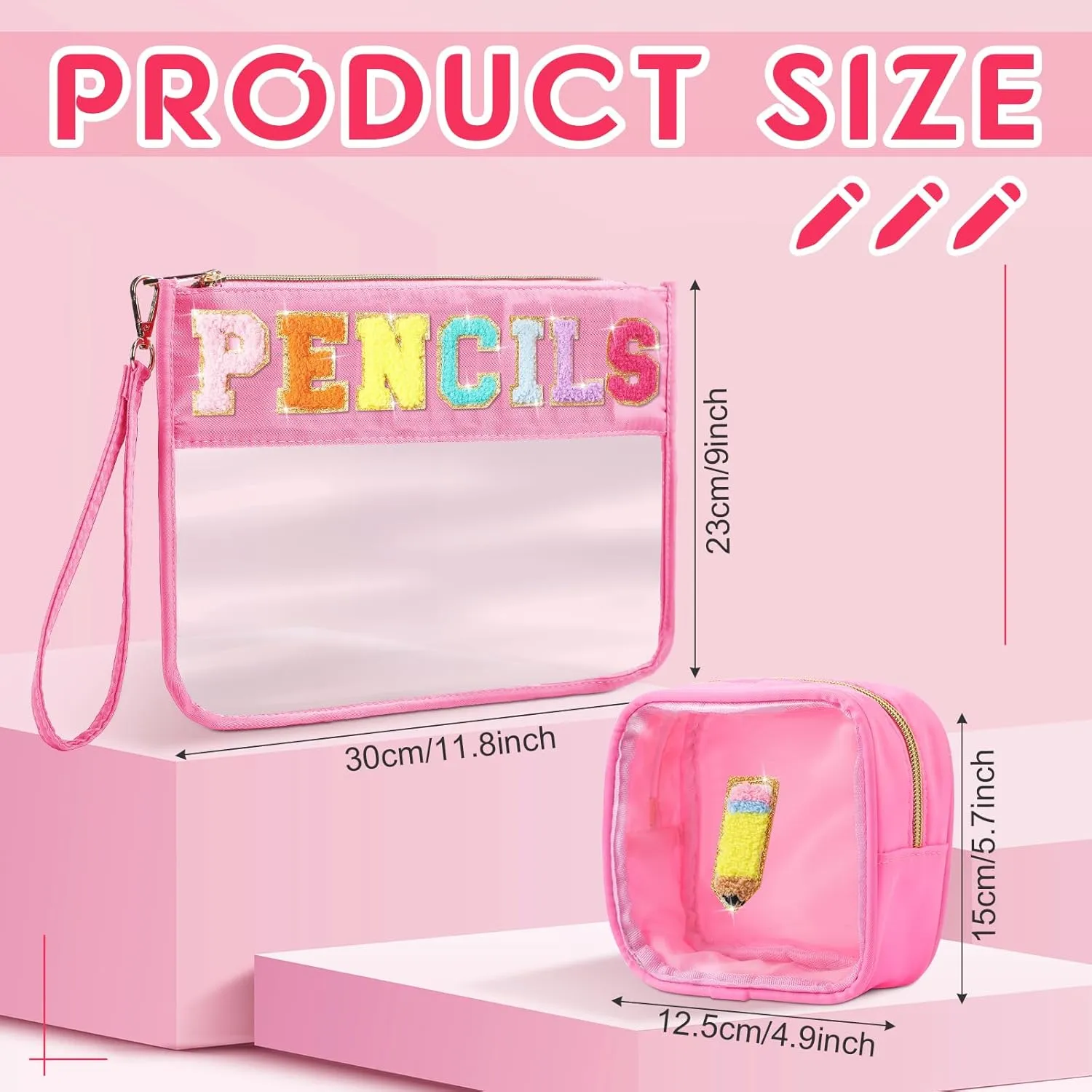 Hillban 2 Pcs Pencil Case Teacher Pencil Pouch Graduation Gift Chenille Letter Makeup Cosmetic Bag Clear Toiletry Purse Waterproof Travel Stuff for Back to School Teacher(Pink)