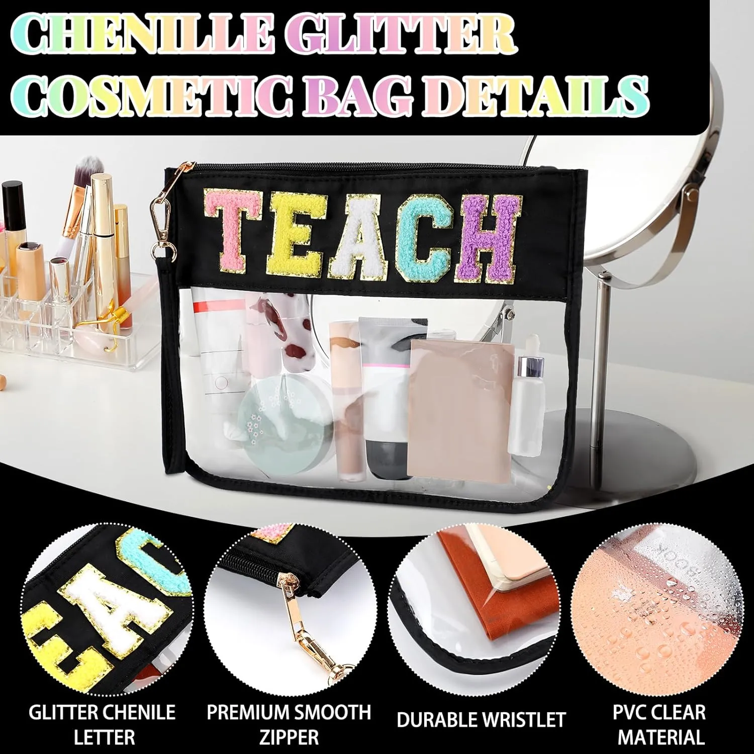 Hillban 2 Pcs Teacher Pencil Pouch Zipper Teacher Appreciation Gift Women Clear Makeup Cosmetic Bag Chenille Letter Bag Toiletry Travel Kit Accessories Waterproof Purse Grad Retirement Gift