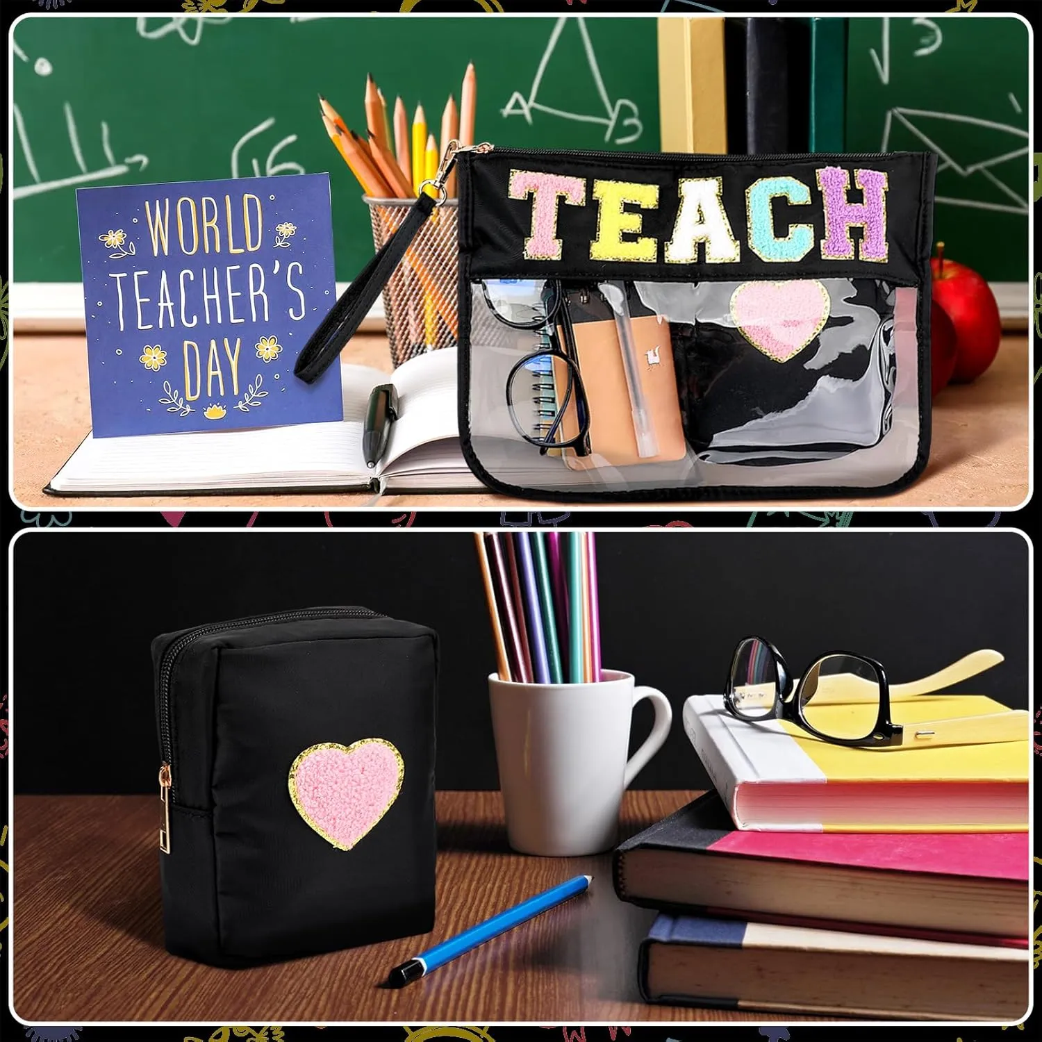 Hillban 2 Pcs Teacher Pencil Pouch Zipper Teacher Appreciation Gift Women Clear Makeup Cosmetic Bag Chenille Letter Bag Toiletry Travel Kit Accessories Waterproof Purse Grad Retirement Gift