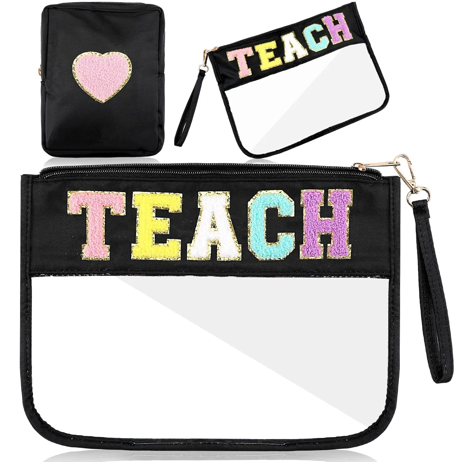 Hillban 2 Pcs Teacher Pencil Pouch Zipper Teacher Appreciation Gift Women Clear Makeup Cosmetic Bag Chenille Letter Bag Toiletry Travel Kit Accessories Waterproof Purse Grad Retirement Gift