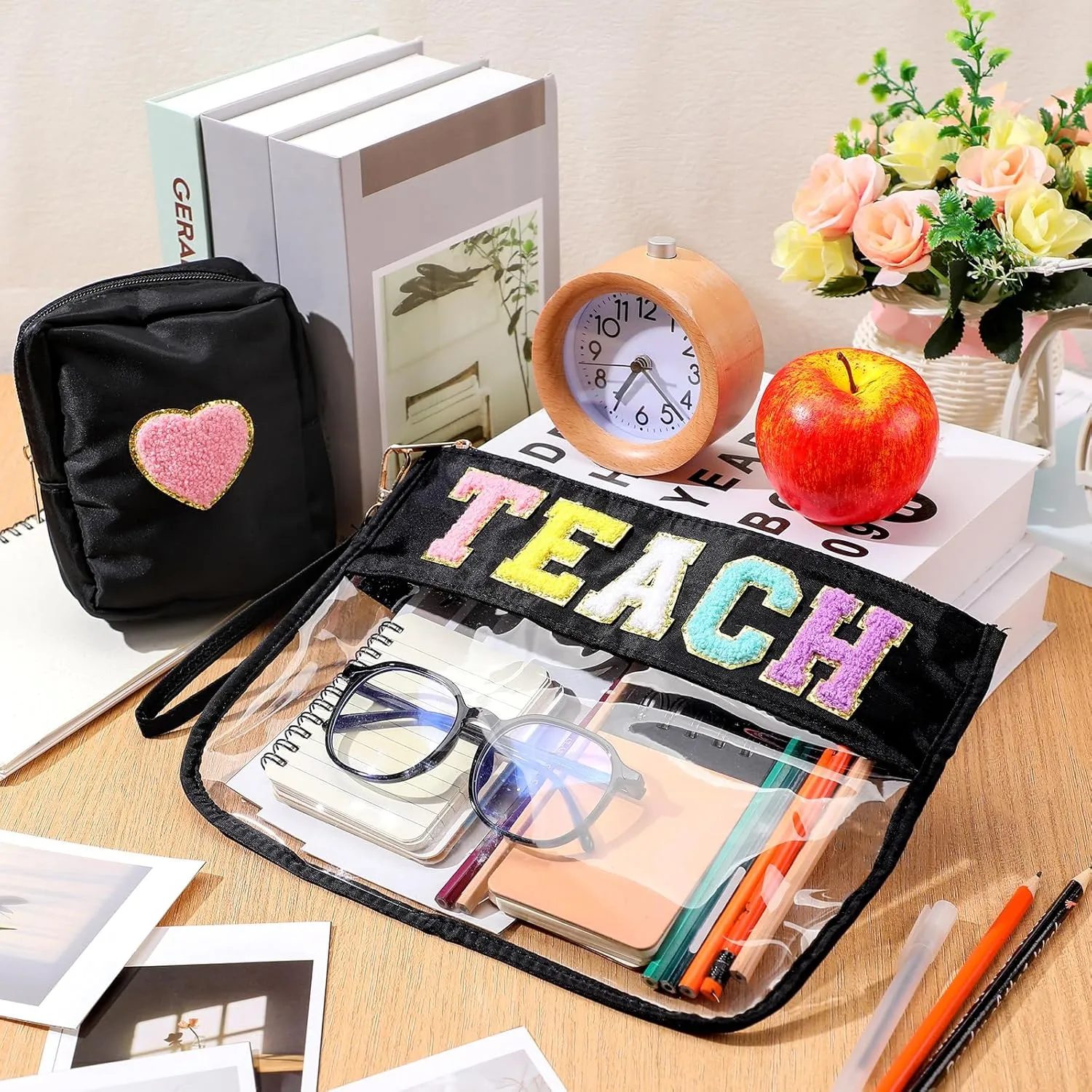 Hillban 2 Pcs Teacher Pencil Pouch Zipper Teacher Appreciation Gift Women Clear Makeup Cosmetic Bag Chenille Letter Bag Toiletry Travel Kit Accessories Waterproof Purse Grad Retirement Gift
