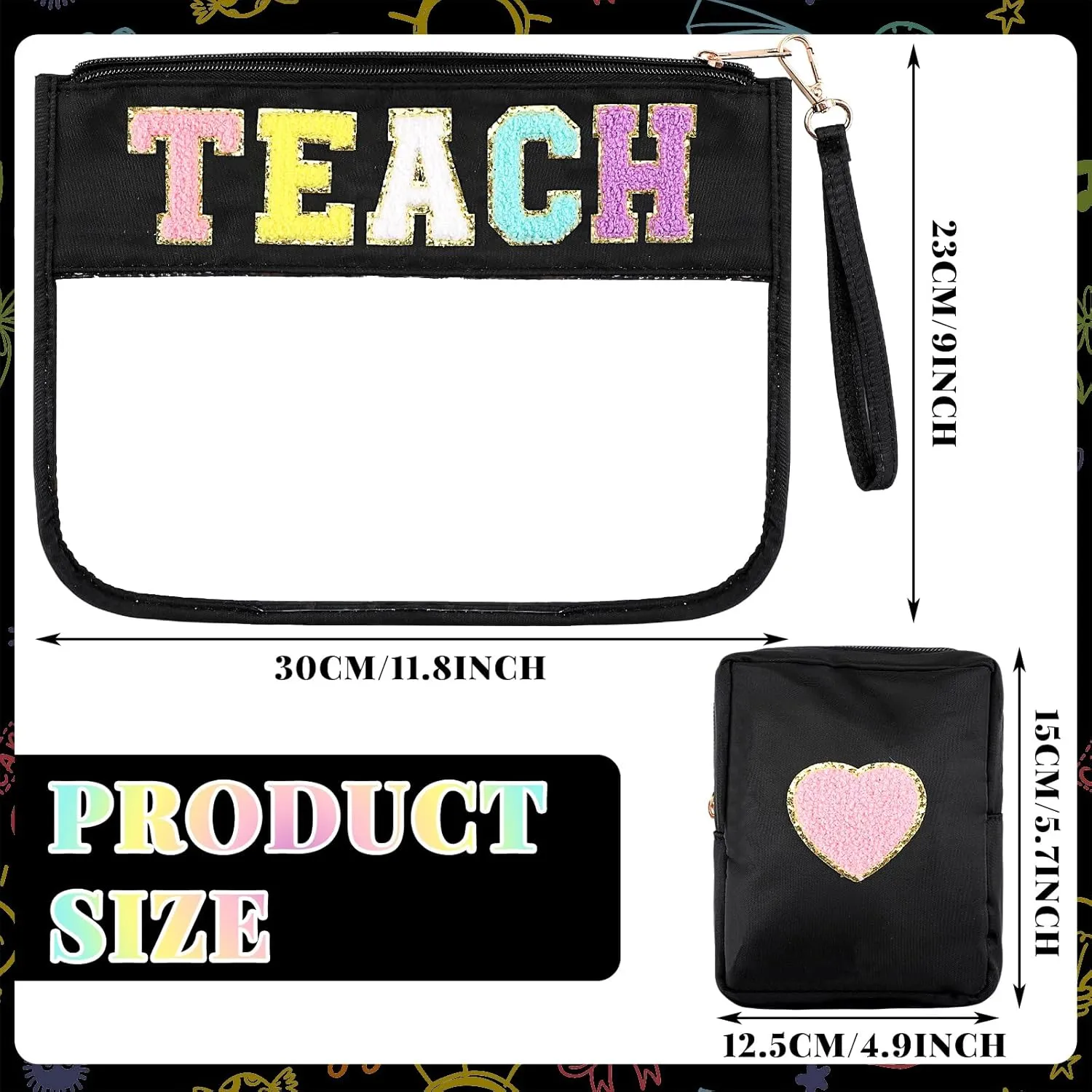 Hillban 2 Pcs Teacher Pencil Pouch Zipper Teacher Appreciation Gift Women Clear Makeup Cosmetic Bag Chenille Letter Bag Toiletry Travel Kit Accessories Waterproof Purse Grad Retirement Gift