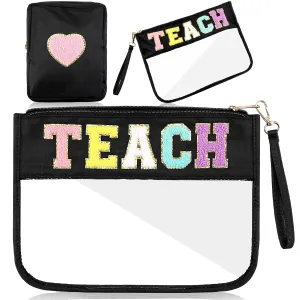 Hillban 2 Pcs Teacher Pencil Pouch Zipper Teacher Appreciation Gift Women Clear Makeup Cosmetic Bag Chenille Letter Bag Toiletry Travel Kit Accessories Waterproof Purse Grad Retirement Gift