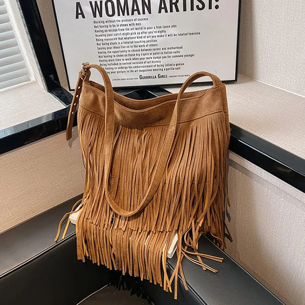 Hippie Faux Suede Tassel Crossbody Bags for Women，Vintage Fringe Shoulder Bag Sling Bag, Large Hobo Purse Handbag with Zipper