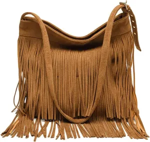 Hippie Faux Suede Tassel Crossbody Bags for Women，Vintage Fringe Shoulder Bag Sling Bag, Large Hobo Purse Handbag with Zipper