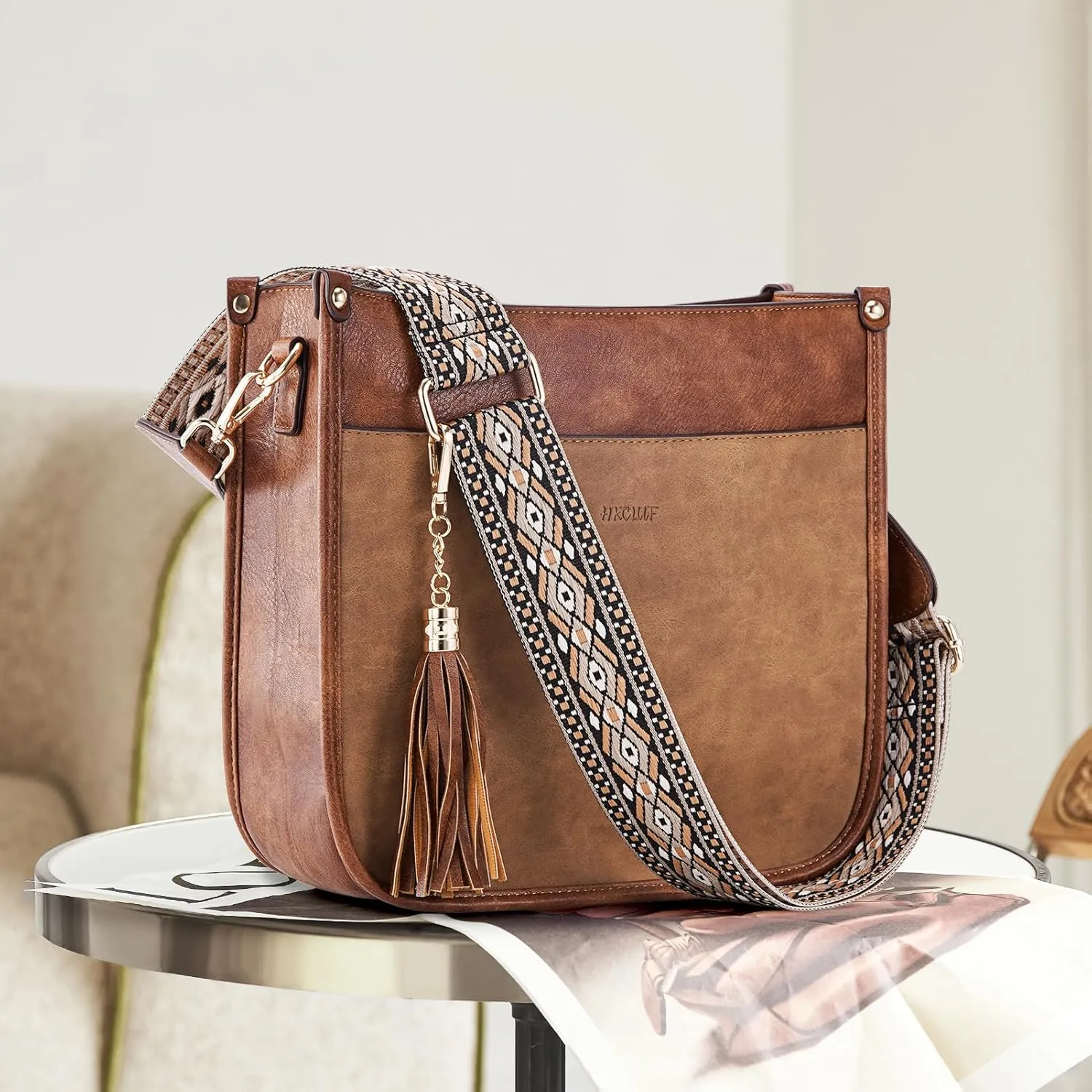 HKCLUF Vegan Leather Crossbody Bags Purse for Women Trendy Tassel Hobo Handbag Women With 2PCS Adjustable Guitar Strap