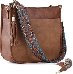 HKCLUF Vegan Leather Crossbody Bags Purse for Women Trendy Tassel Hobo Handbag Women With 2PCS Adjustable Guitar Strap