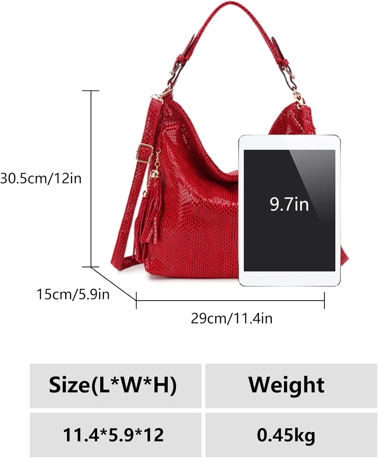 Hobo Handbags for Women Large Hobo Bags Purses PU Leather Shoulder Bags Ladies Crossbody Bag with Tassel (Red)